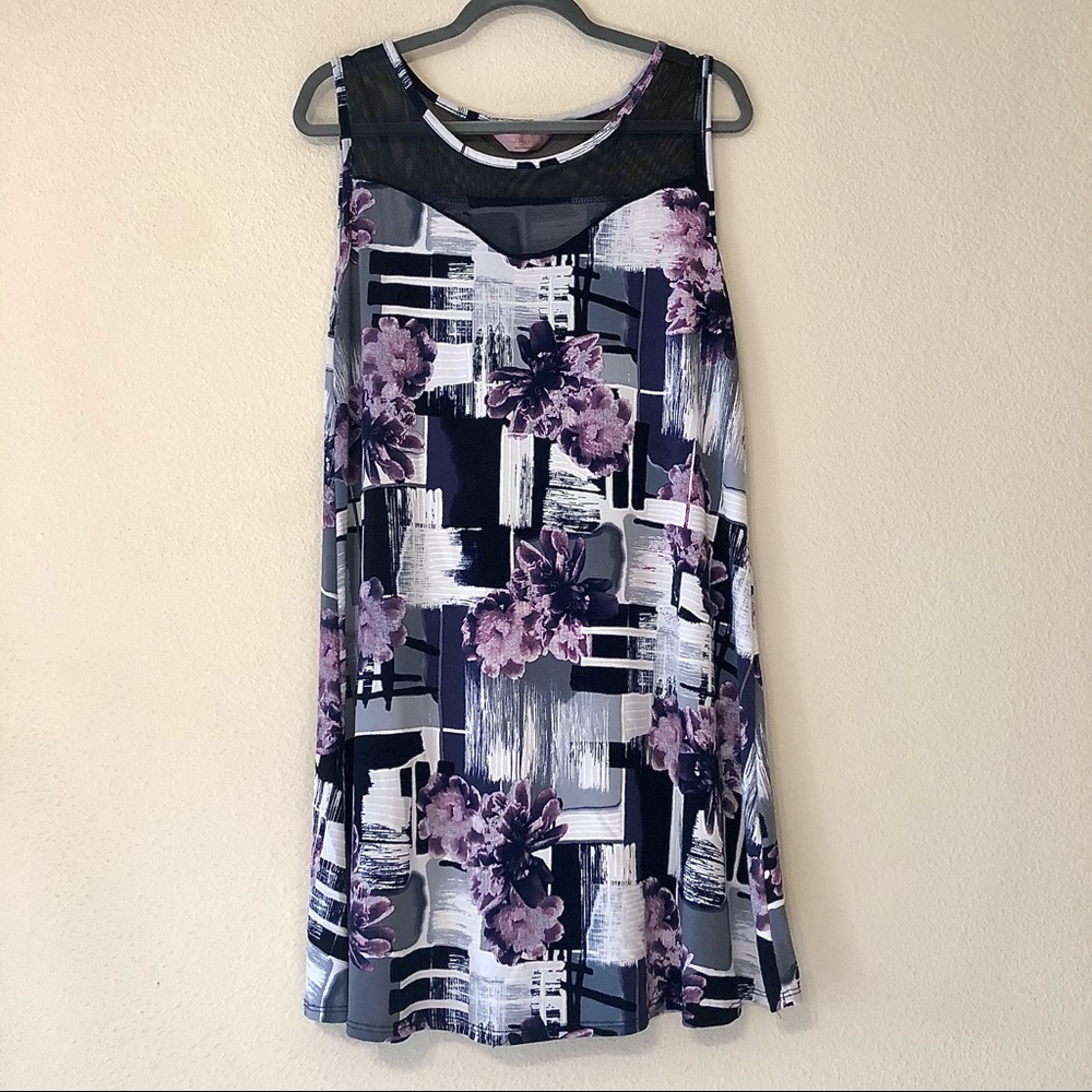 Fun purple and blue floral geometric dress, medium